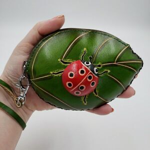 Ladybug on Leaf Coin Purse Lucky Zip Pouch Handmade Leather Wristlet Bag Charm